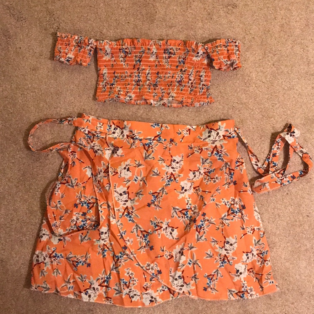 Orange Floral Bandeau Skirt Set